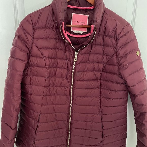 Kate Spade packable down coat jacket with hood in deep cherry pink red - Picture 1 of 7